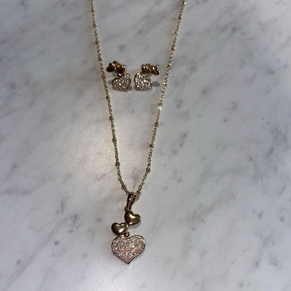 Triple Heart Necklace And Earrings Set Rose Tone With Rhinestones - Picture 1 of 5